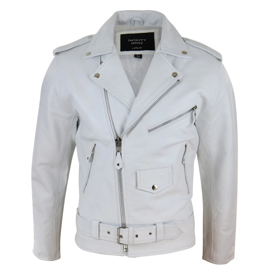 Men's Leather Biker Jacket Cross Zip Brando White Hide Grease Classic