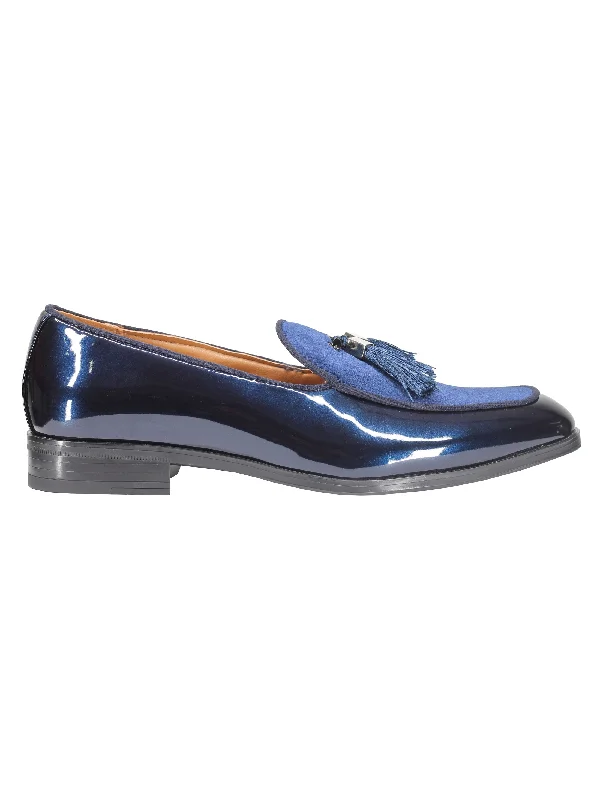 NAVY SHINY FAUX LEATHER TASSEL LOAFERS