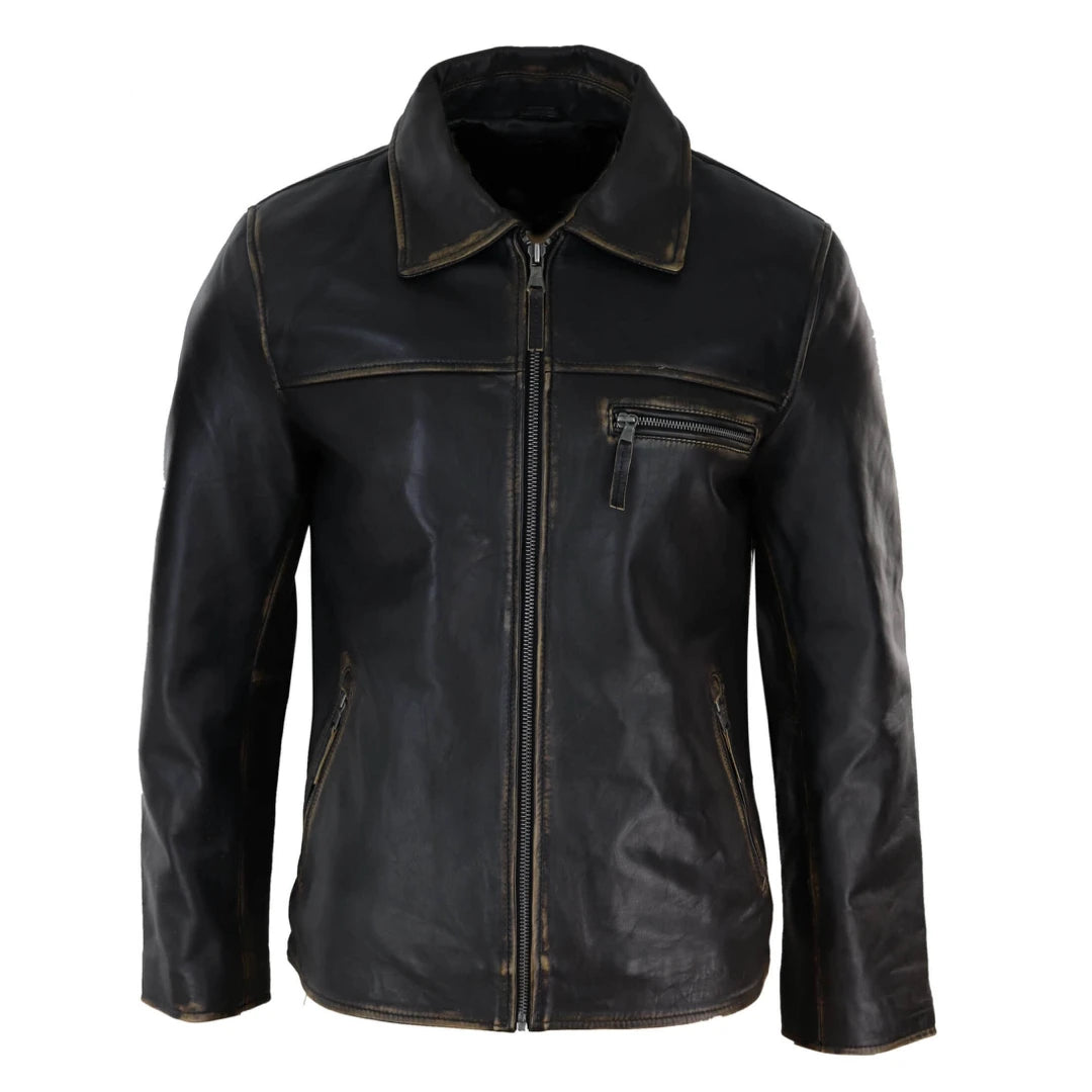 Men's Classic Leather Soft Hide Zipped Collar Box Jacket Fit