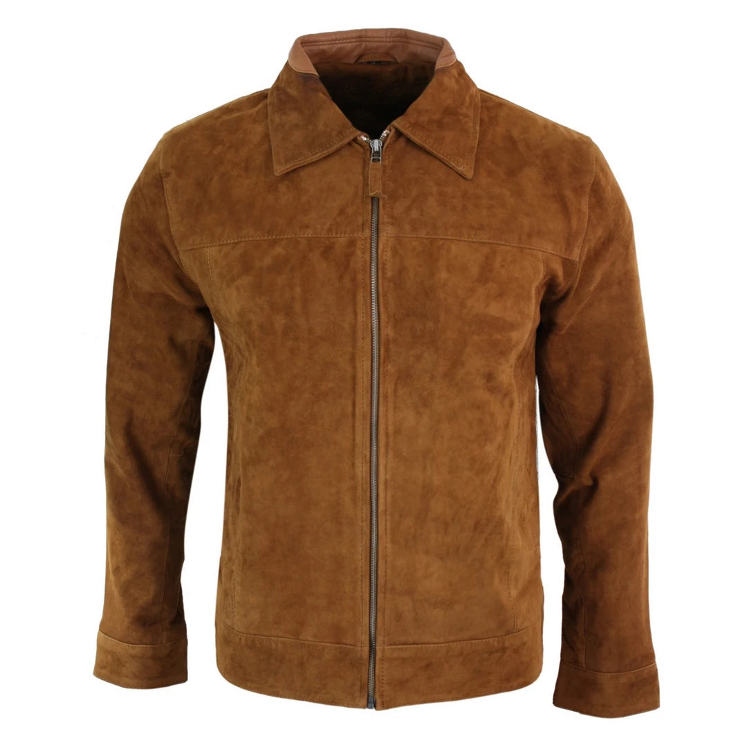 Men's Suede Leather Classic Zip Jacket Camel Turn Down Collar