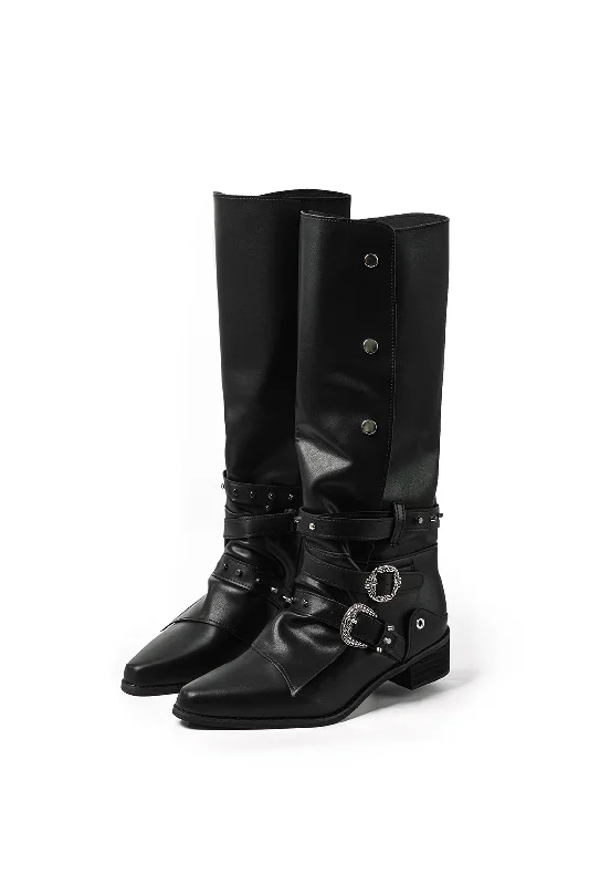 Retro Faux Leather Studded Pointed Toe Knee High Boots