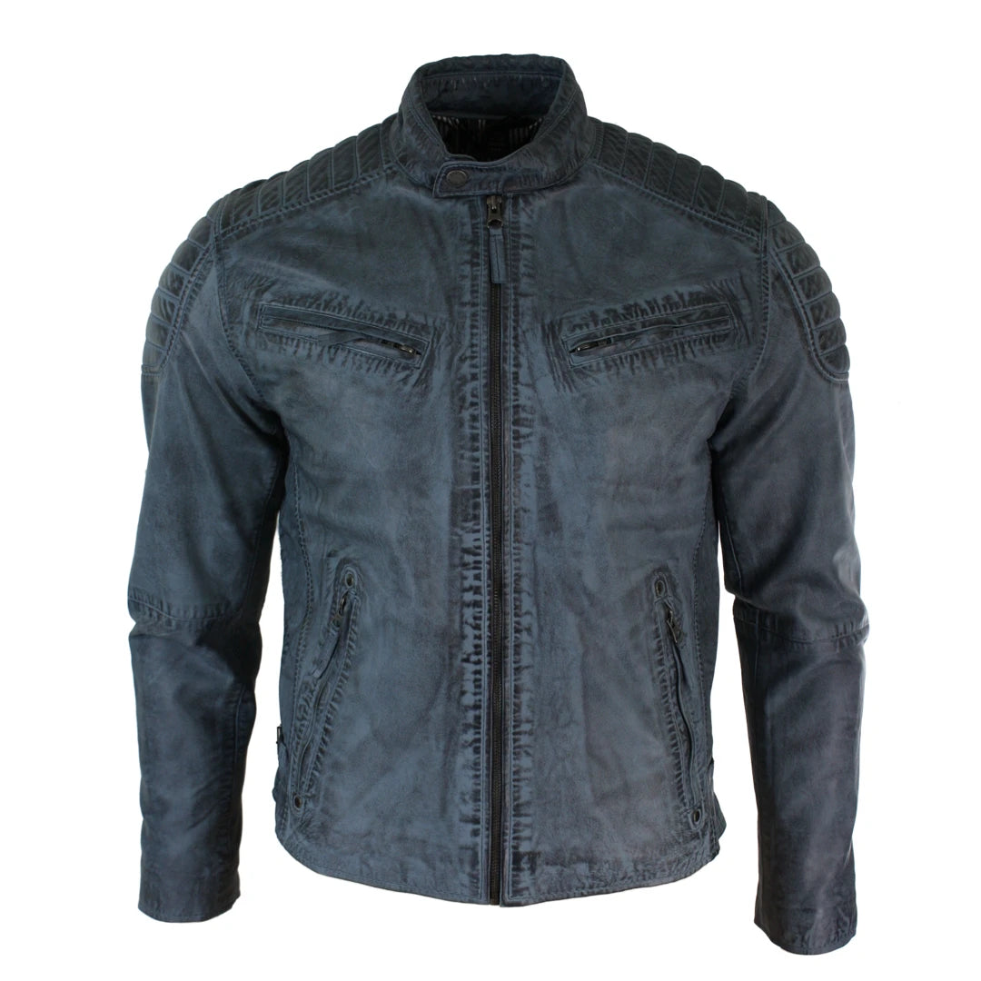 Men's Blue Grey Leather Zipped Biker Jacket Washed