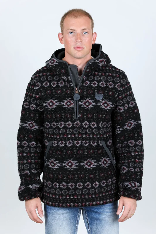 Mens Aztec Sherpa Hooded Pullover - Black