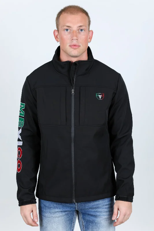 Mens Softshell Water-Resistant Jacket with Mexico Embroidery - Black