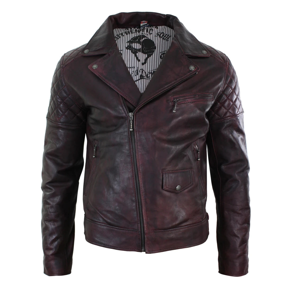 Men's Washed Brown Black Leather Biker Jacket Cross Zip