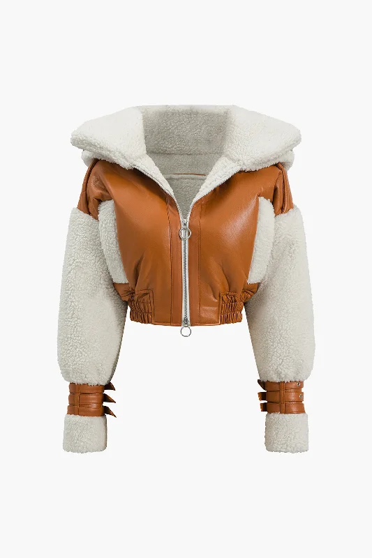 Faux Leather Patchwork Hooded Jacket