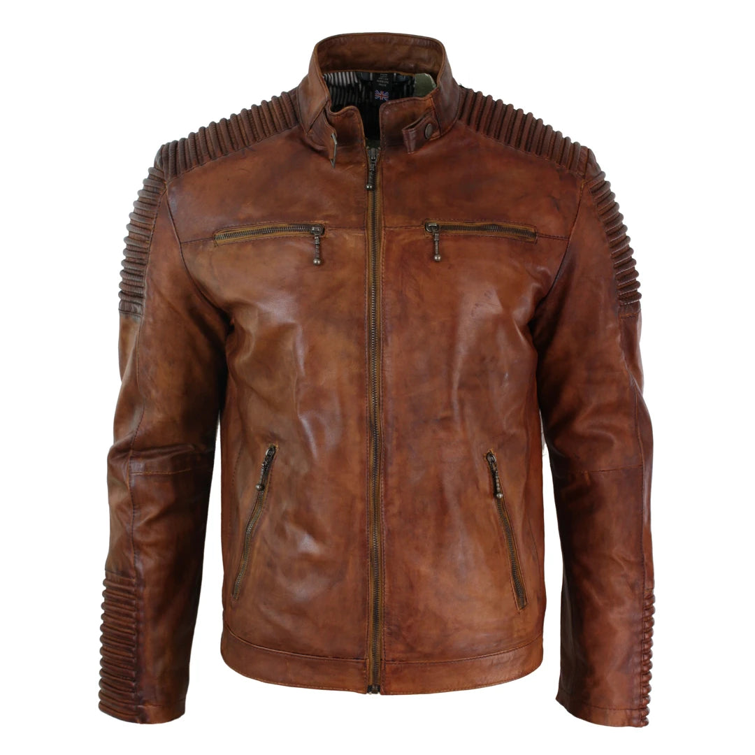 Men's Tan Brown Washed Leather Jacket Zipped