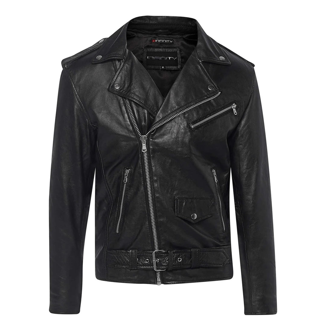 Men's Cross Zip Leather Classic Brando Jacket Biker Belted Grease