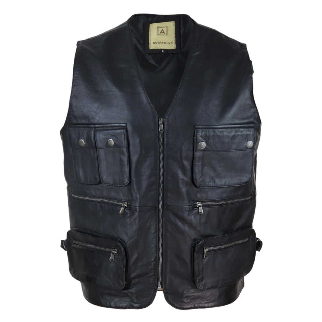 Men's Black Leather Fisherman Multi Pocket Waistcoat