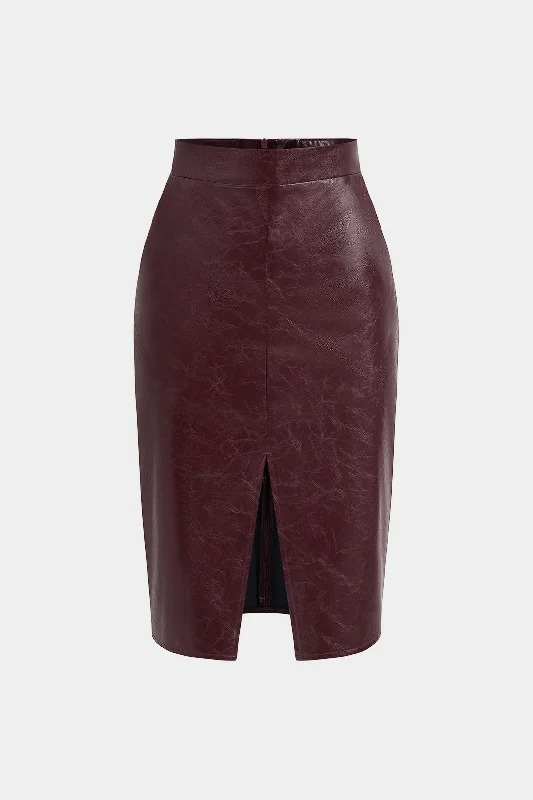 Faux Leather High Waist Split Skirt