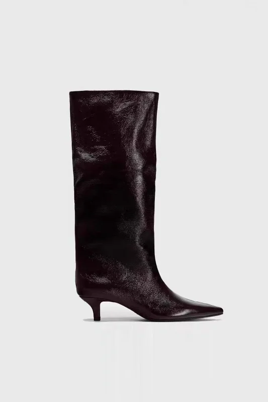 Faux Leather Textured Pointed Toe Knee High Boots