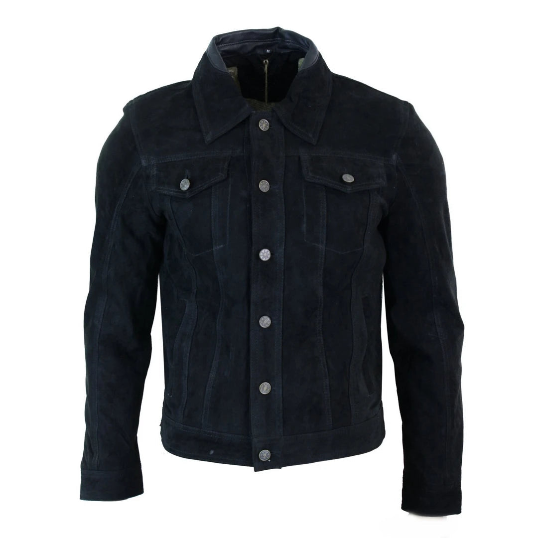 Men's Short Denim Suede Leather Jean Jacket