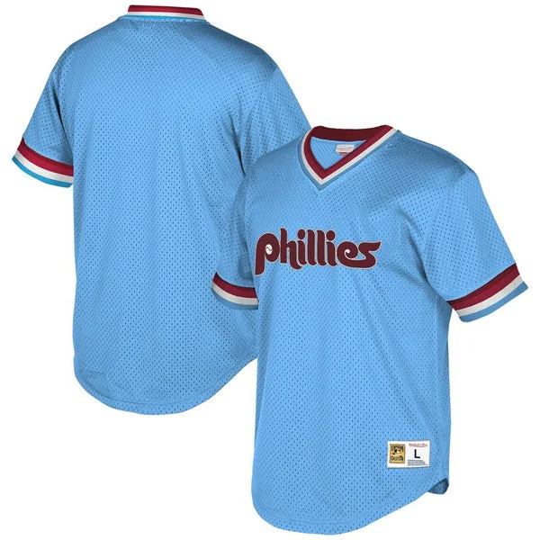 Men'S Philadelphia Phillies Mitchell & Ness Light Blue Cooperstown Collection Mesh Wordmark V-Neck Baseball Jersey Mlb Baseball