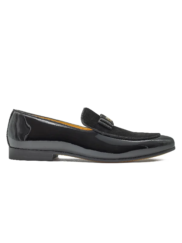 BLACK LEATHER SUEDE BELGIAN BOWTIE LOAFERS