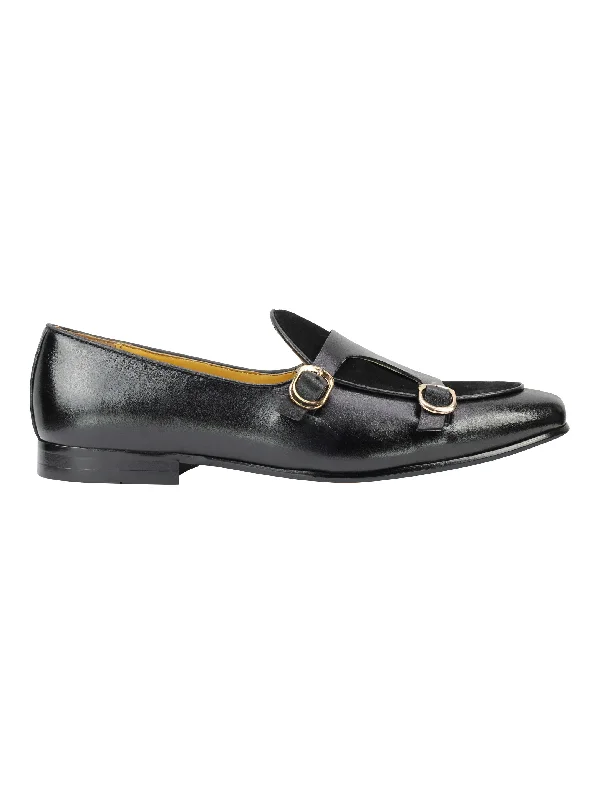 Real Leather Double Monk Strap Black Loafers