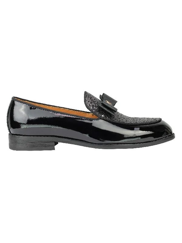 Real Leather Glossy Glitter Bow Tie Loafers