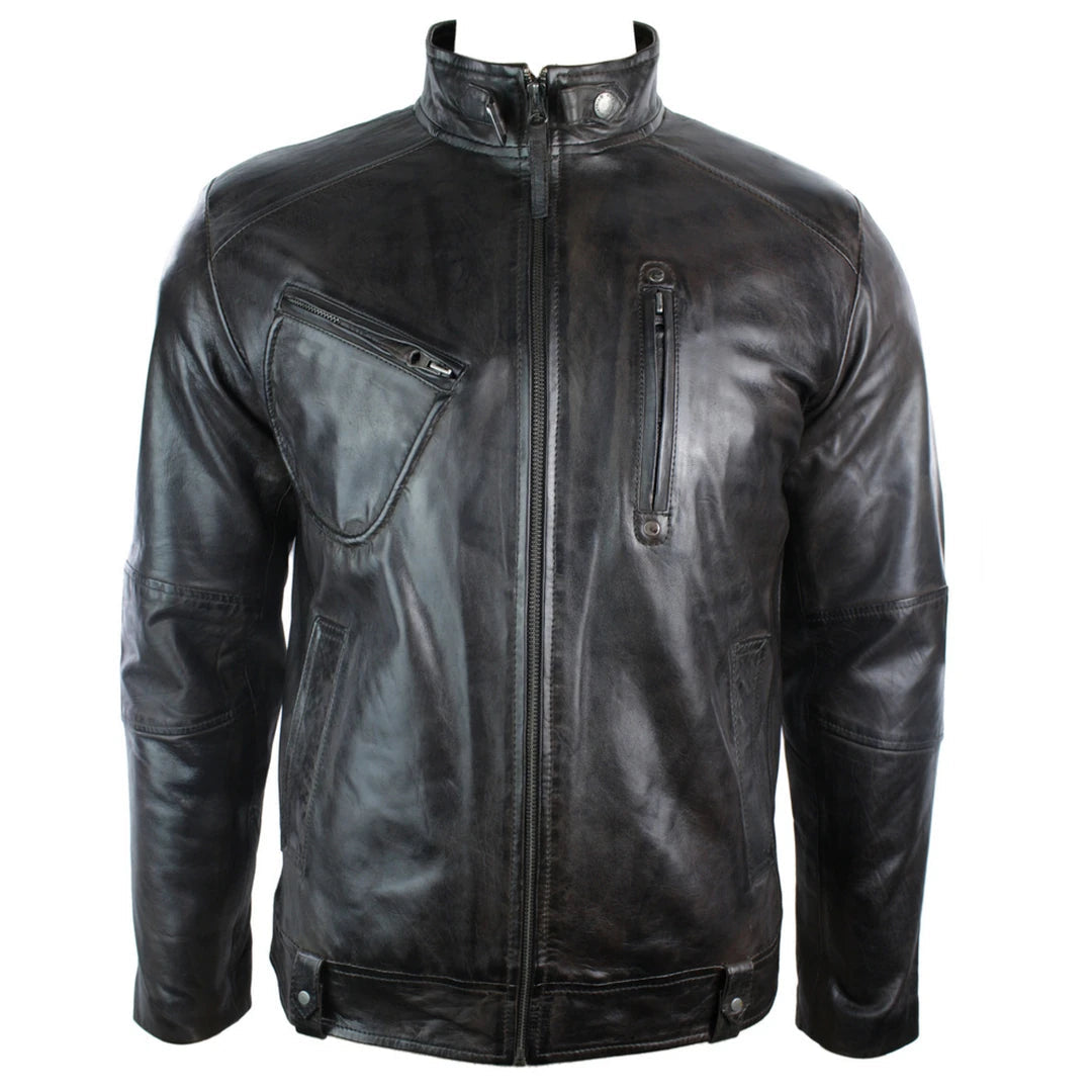 Men's Leather Biker Jacket Vintage Dark Brown Zipped Funky Retro Casual