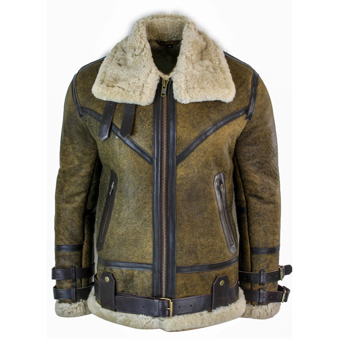 Men's Sherling Sheepskin Leather Viking RAF Jacket Brown Cream Fur