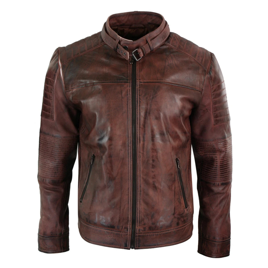 Men's Brown Leather Cross Zip Biker Racer Fitted Jacket