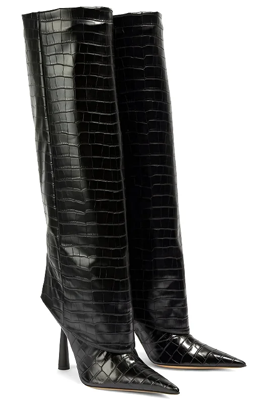 Crocodile Faux Leather Stiletto Pointed Toe Knee High Boots