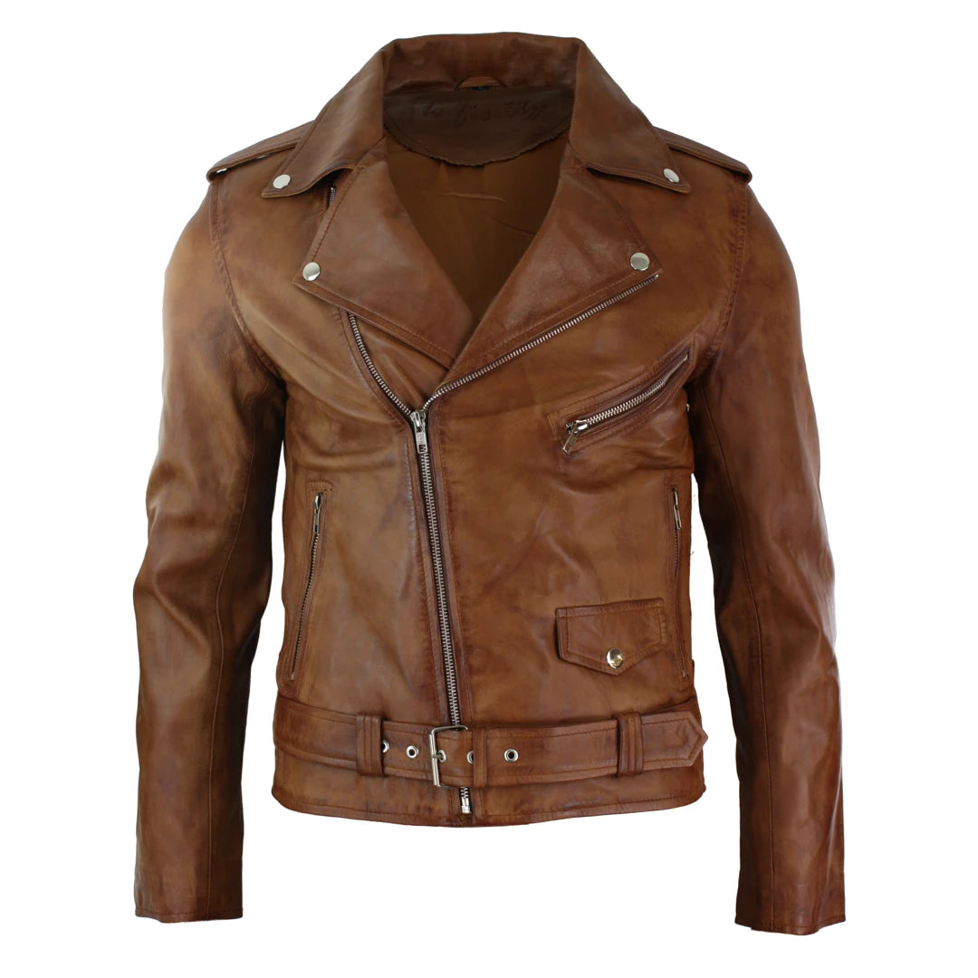 Men's Cross Zip Tan Brown Brando Soft Leather Jacket