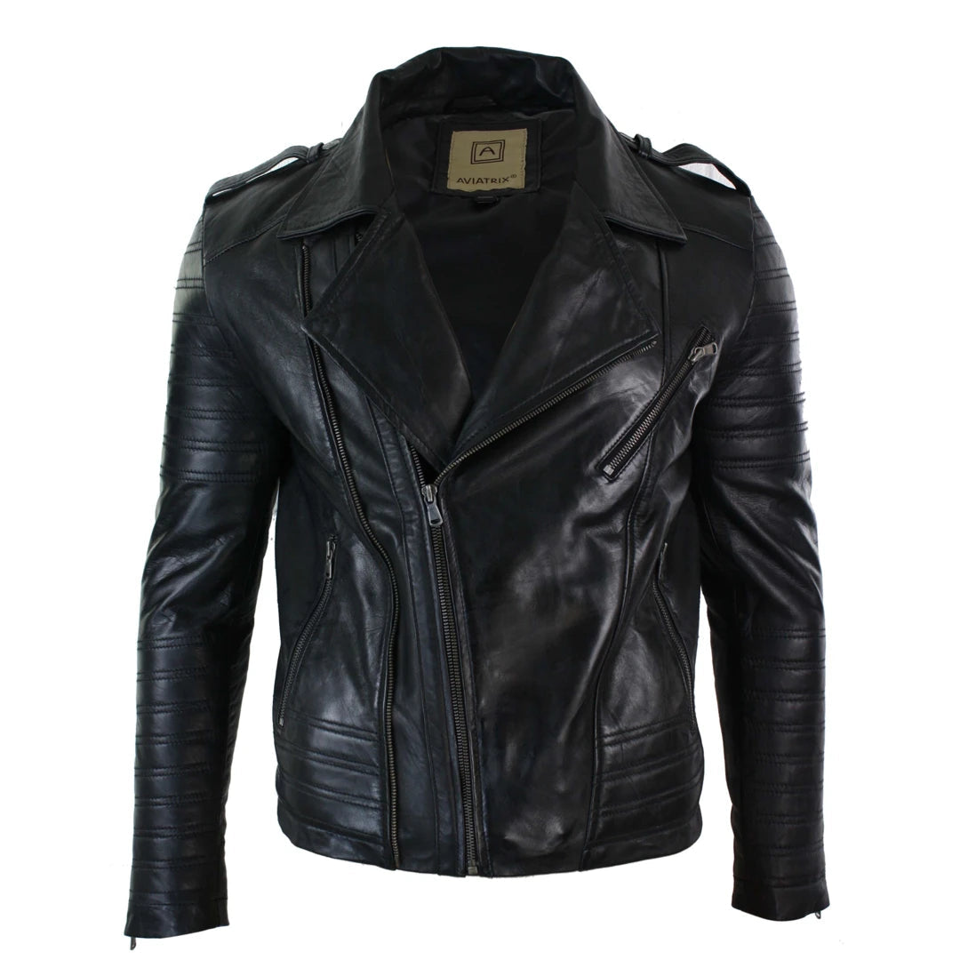 Men's Cross Zip Biker Jacket Black Leather Urban