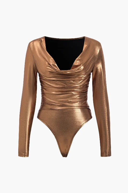 Faux Leather Long Sleeve Cowl Neck Bodysuit