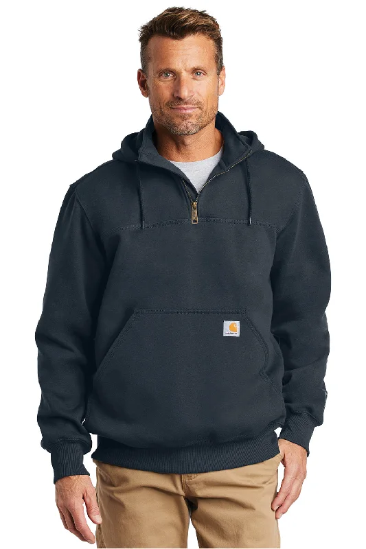 Carhartt Mens Paxton Rain Defender Water Resistant 1/4 Zip Hooded Sweatshirt Hoodie w/ Pouch Pocket - Navy Blue