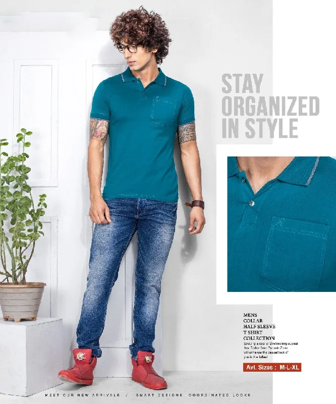 Cotton T-Shirt Persian Green Polo for Men with Pocket