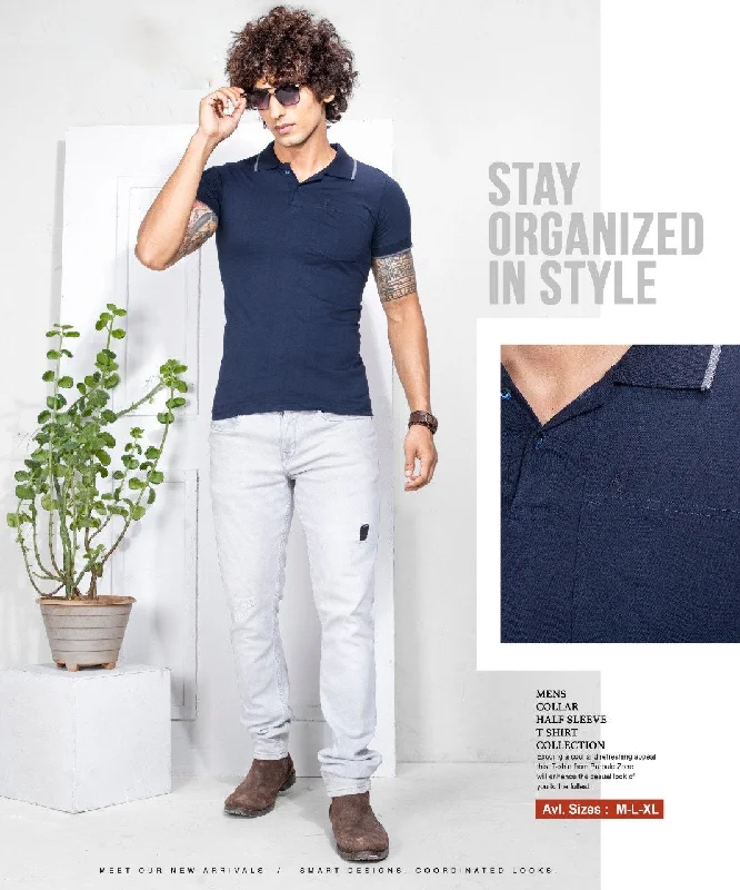 Cotton T-Shirt Dark Blue Polo for Men with Pocket