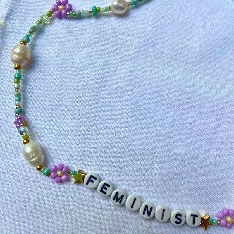 Teal Feminist Beaded Necklace