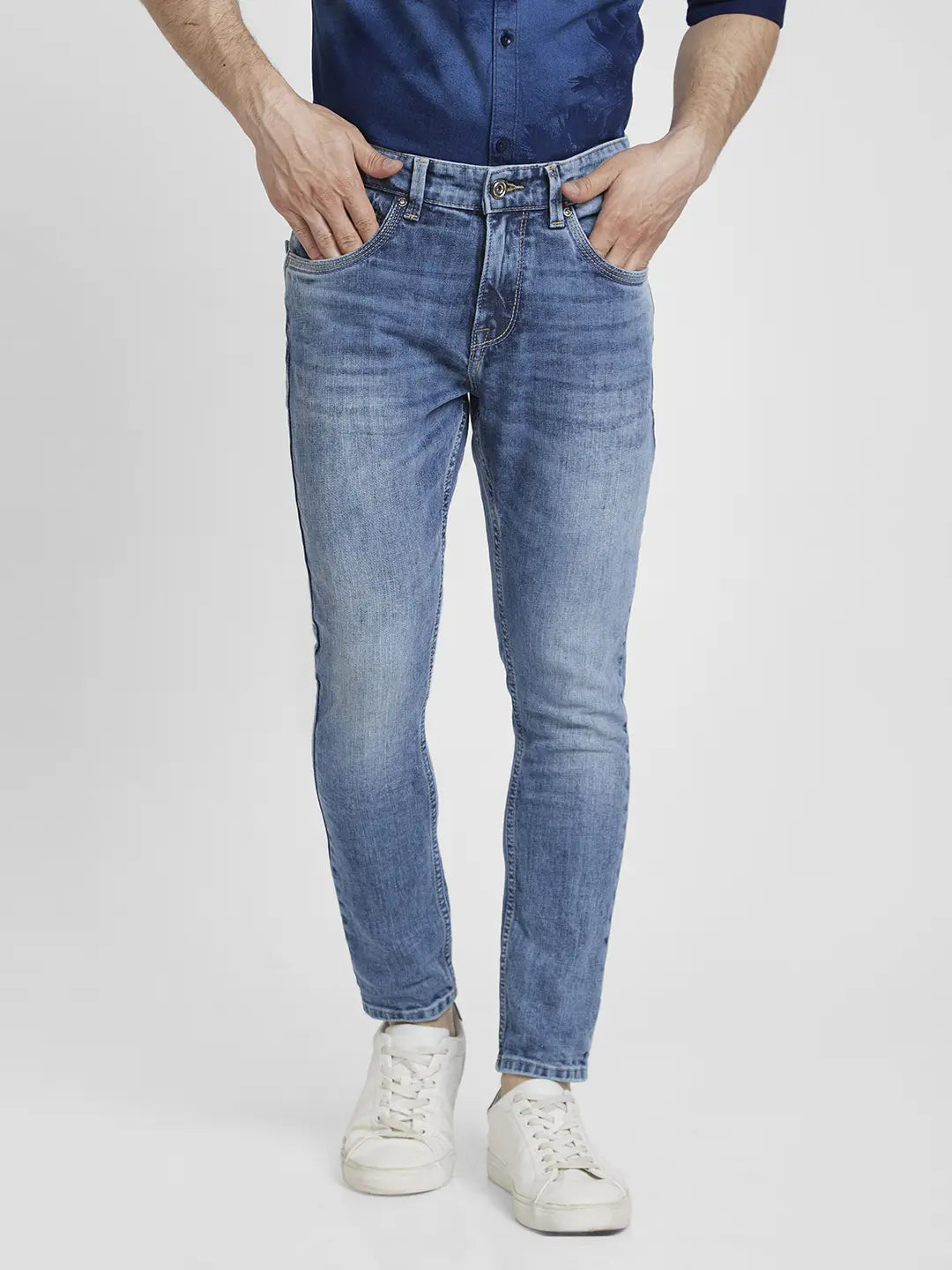 Spykar Men Mid Blue Cotton Slim Fit Tapered Length Highly Distressed Mid Rise Jeans - (Kano)