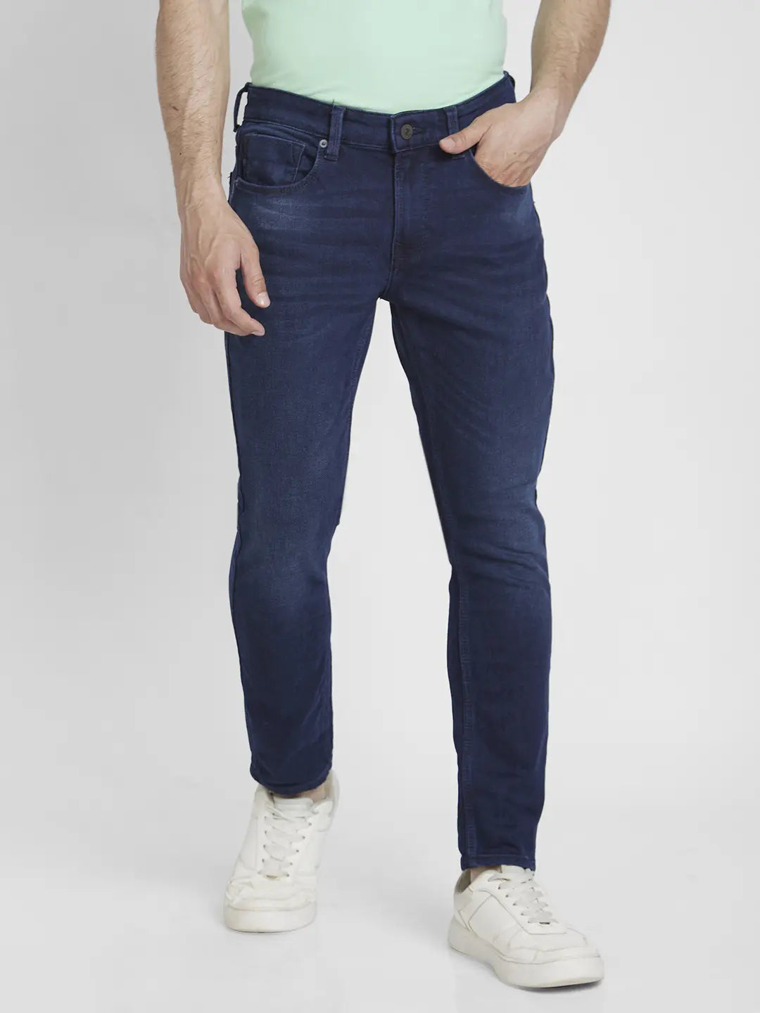 Spykar Men Dark Blue Cotton Stretch Slim Fit Tapered Length Clean Look Mid Rise Jeans - (Kano)