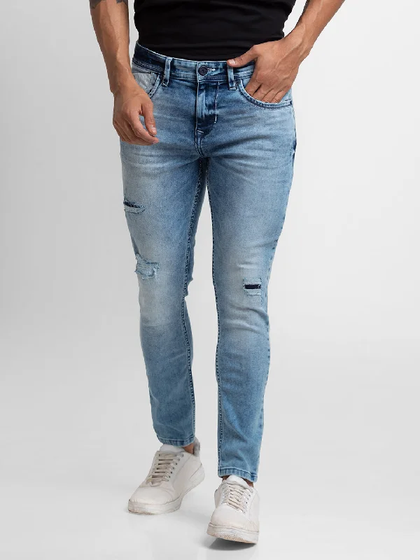 Spykar Mid Blue Cotton Slim Fit Tapered Length Jeans For Men (Kano)