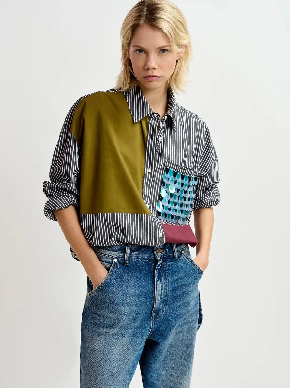 Camicia Over a Righe Patchwork Nero